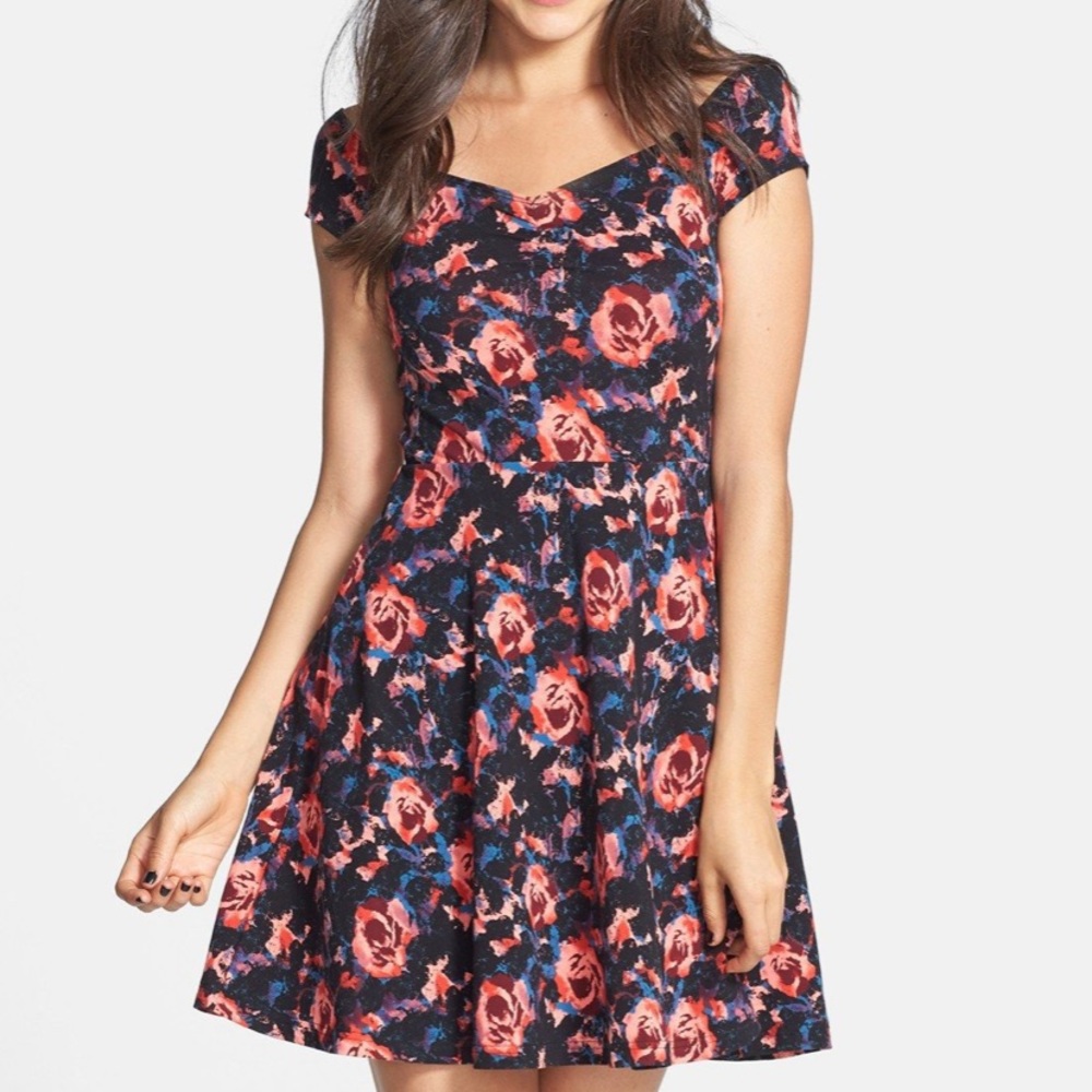 **ONLY WORN ONCE** Black & Floral Skater Dress.